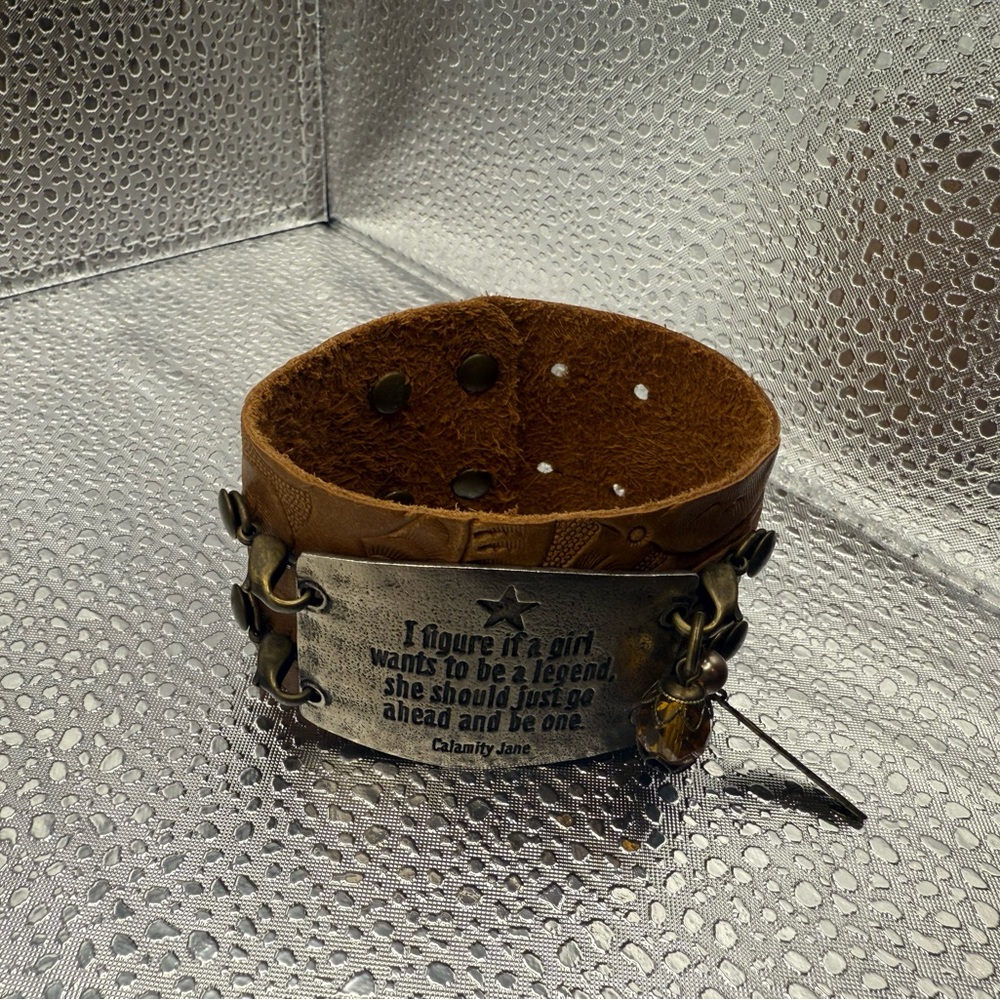 Brown Leather Cuff Bracelet with Quote
